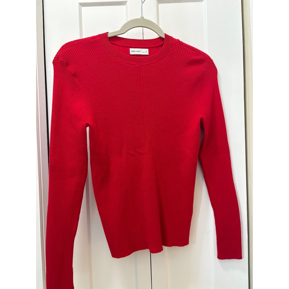Nine West Womens Red Ribbed Knit Crew Neck Long Sleeve Chevron Sweater Size M